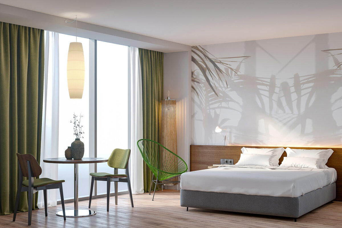 Двухместная студия с французским балконом. Отель Adagio Le Rond Sochi. Интерьер – архитектурное бюро Front Architecture. На стенах – краска Dulux. Мебель изготовлена на заказ по эскизам архитекторов фирмой Egger.