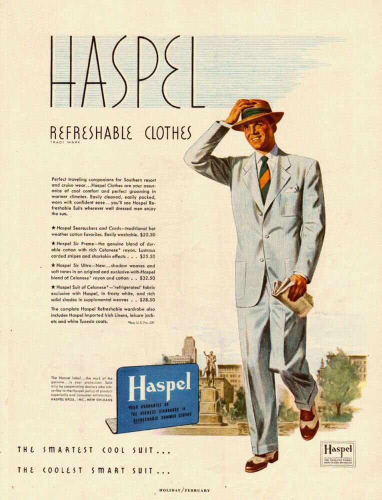 Рекламный буклет Haspel с мужчиной в костюме из сирсакера (1949). Фото: mavink.com
