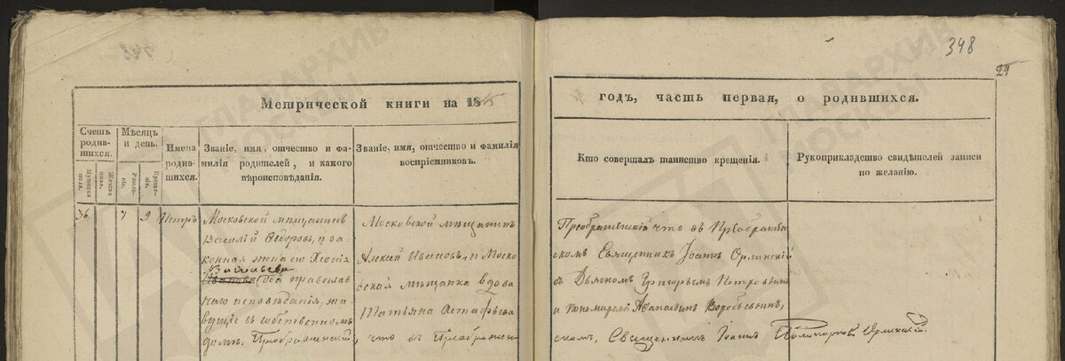 Выкопировка из метрической книги за 1845 год с записью о крещении Петра Васильевича Синицына