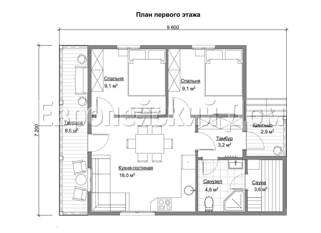 Планировка первого этажа с мебелью. Источник фото: dom-bt.com