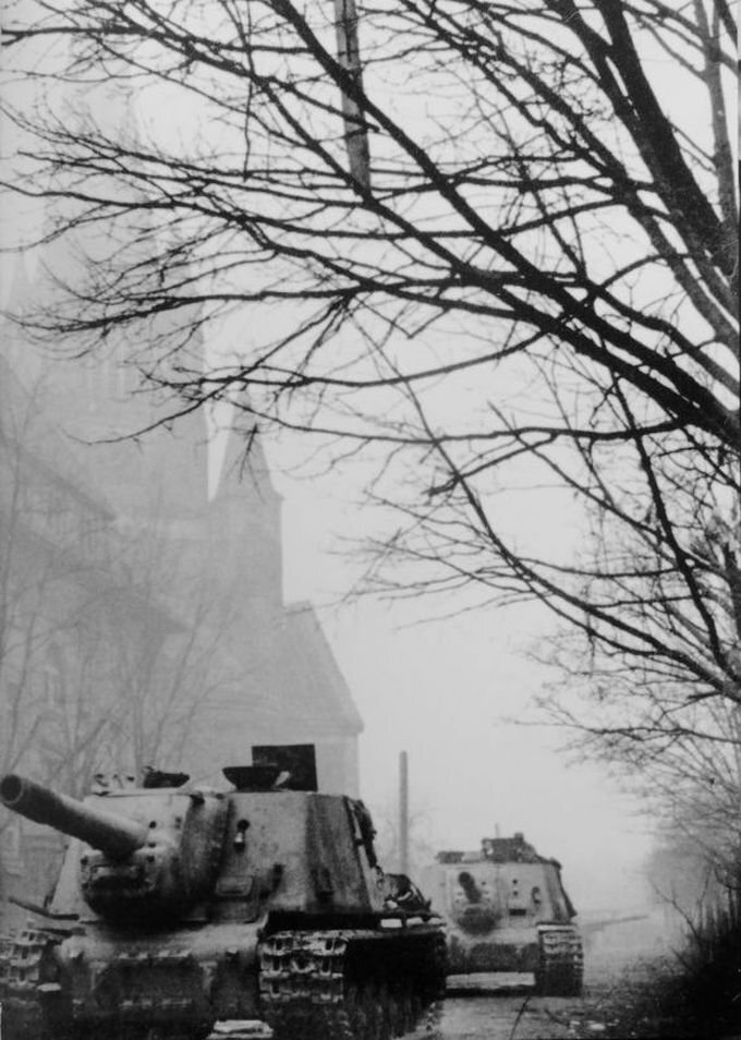 Советские САУ ИСУ-152 на улице Бреслау. Фото:Фото: waralbum.ru