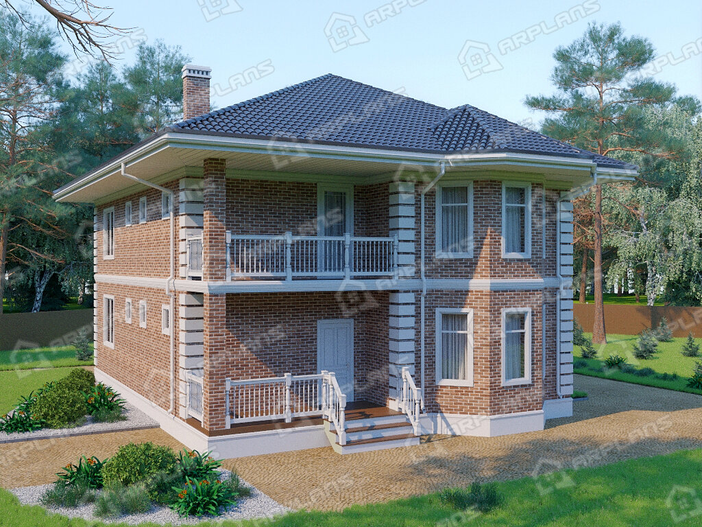 Фото 1 двухэтажного дома из газобетона с 3 спальнями, эркером, балконом и террасой, 200 кв м. Источник arplans.ru Проект К-148