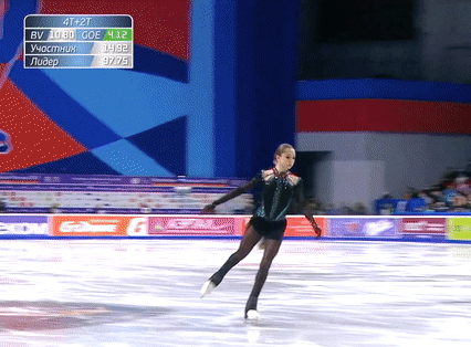 Камила Валиева выполняет 4Т  в произвольной программе на Чемпионате России 2020/21 в Челябинске (источник - youtu.be/0_KhxKAhRQE)
