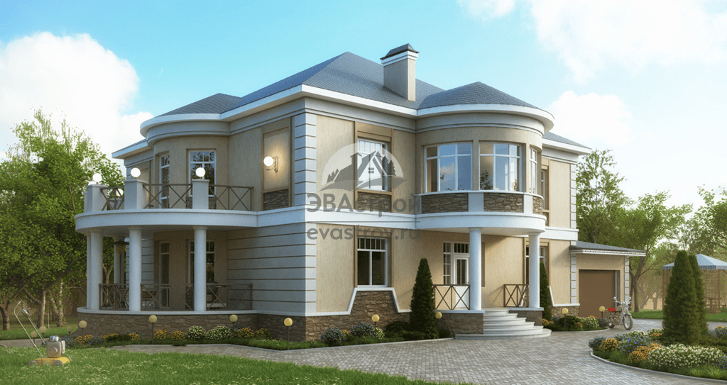 Проект двухэтажного коттеджа 464 м2 из кирпича с подвалом, гаражом, эркером и террасой - 101-82