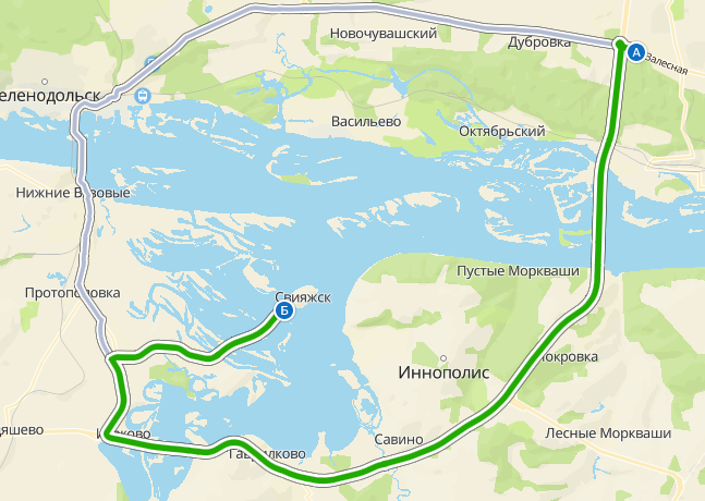 Автомобильный маршрут от Казани до Свияжска