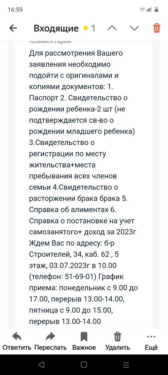 Письмо на почту, что нужно принести