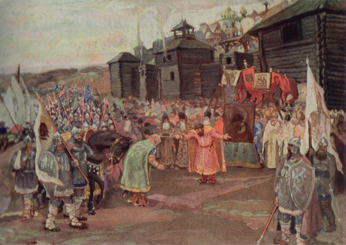 Великий князь Владимирский Георгий Всеволодович встречает брата своего Святослава, завоевавшего устье Оки в 1220 году Рисунок художника Н.В. Пинегина