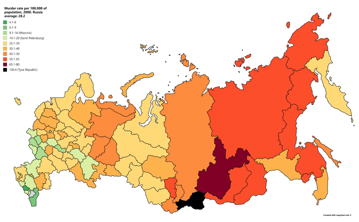 Количество убийств в России в 2000 году