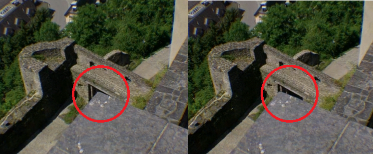 Увеличенный фрагмент изображения для левого и правого глаза в режиме СТЕРЕО. Хорошо заметен параллакс (смещение близкого выступающего угла крыши относительно удаленного проёма)