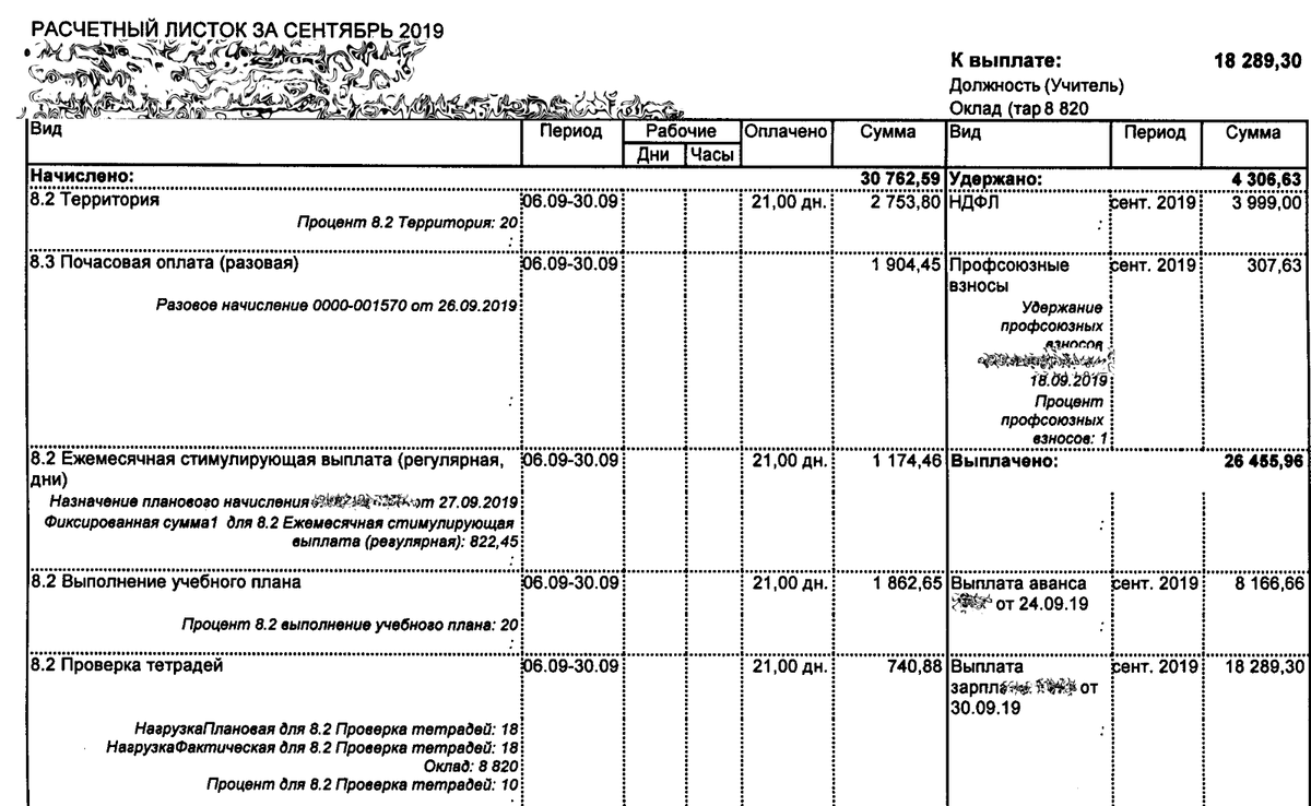 зарплата у молодого учителя: 1 часть расчётки