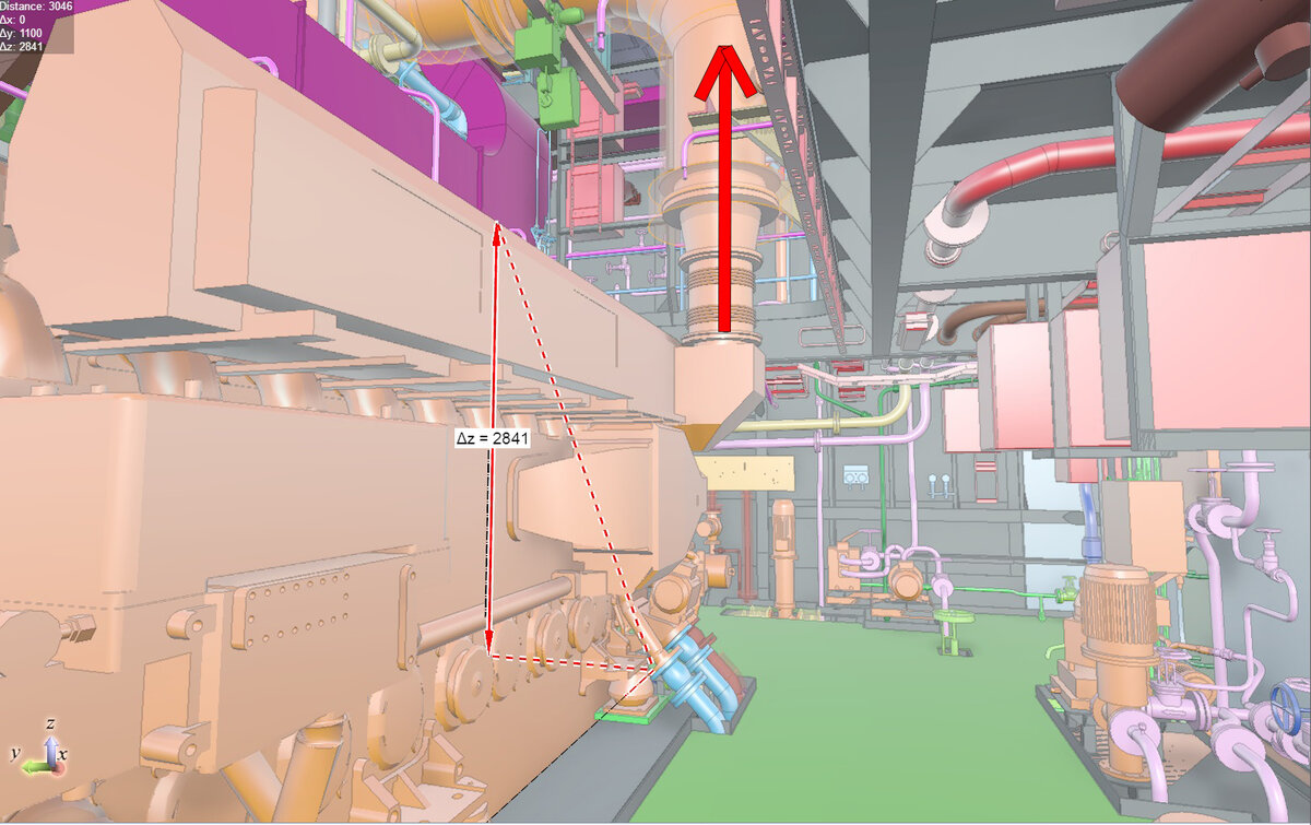Z - примерная высота главного двигателя в миллиметрах. Красной стрелкой указан отвод выхлопных газов и остатков шлама с главного двигателя.