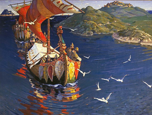 Источник: http://www.tretyakovgallery.ru/ Николай Рерих. Заморские гости. Древняя Русь торговала с Византией и арабскими странами.