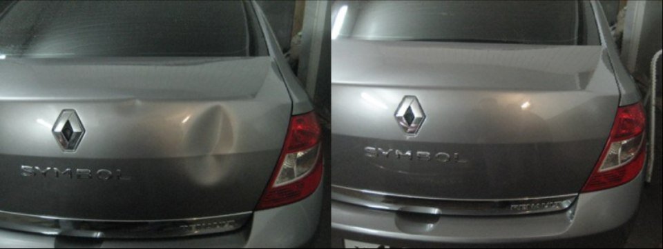 На фото автомобиль до и после ремонта с помощью технологии ПДР