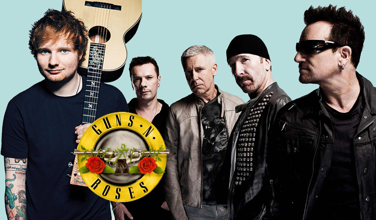 Ed Sheeran, логотип Guns N' Roses, U2 
