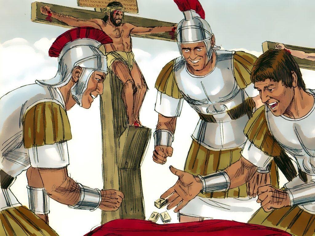 Οι λεγεωνάριοι μοιράζονται τα ρούχα του Ιησού.  Σύγχρονη εικονογράφηση