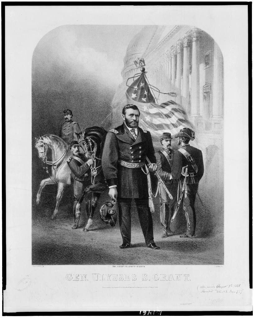 1868 год. Картина, изображающая Улисса Гранта на фоне солдат и американского Капитолия. Иллюстрация из Библиотеки Конгресса США (Вашингтон, округ Колумбия).