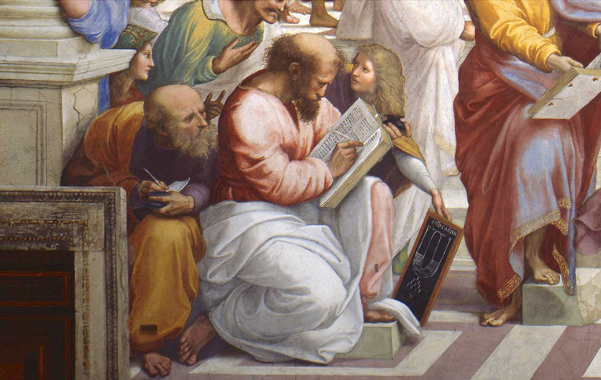Боэций на знаменитой фреске Рафаэля "Афинская школа" (слева, заглядывает через плечо Пифагора в его записки)