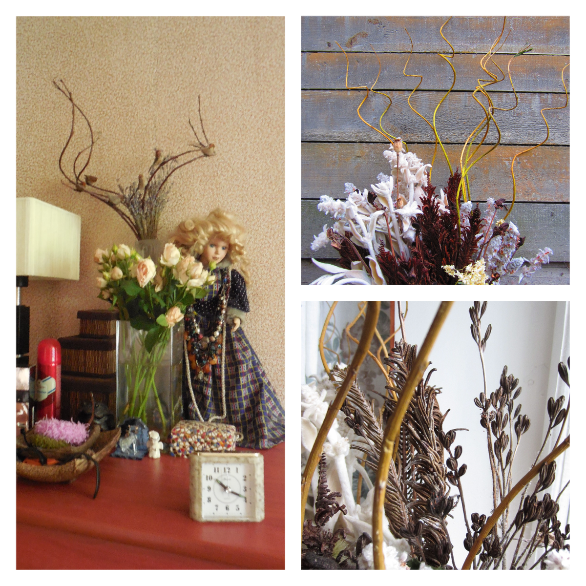 На фото с куклой побеги девичьего винограда. На других фото ветви ивы