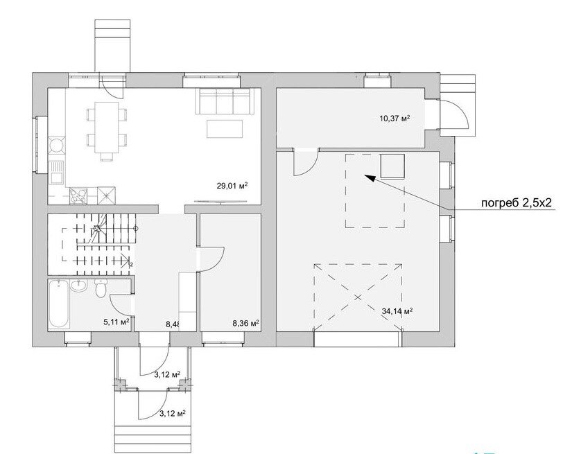 План первого этажа. Тут предусмотрены: веранда-крыльцо, 6,24 м2; прихожая-холл, 8,48 м2; санузел, 5,11 м2; хоз. помещение, 8,36 м2; гостиная-кухня, 29,01 м2; гараж, 34,14 м2; котельная, 10,37 м2. Источник изображения: канал Яндекс Дзен СК Веванта, г. Тюмень.