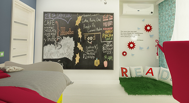 Детская – самое красочное помещение во всей квартире. Современный интерьер выстроен на сочетании ярких цветов и нестандартной обстановки.