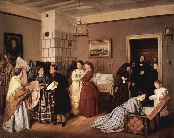 Прием приданого в купеческой семье по росписи. В. В. Пукирев, 1873