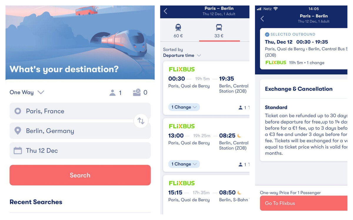 Приложение Omio: выбор направления и даты, возможные виды транспорта, покупка билета через приложение.