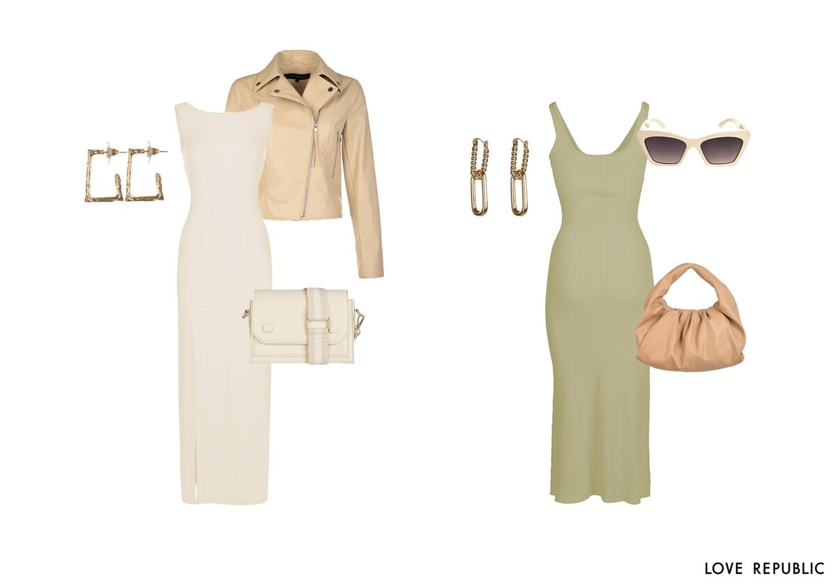 На 1 фото: платье (арт. 1254113536-60), косуха (арт. 1255512101-61), серьги (арт. 144648070-6), сумка (арт. 144520013-60). На 2 фото: платье (арт. 1254321580-13), серьги (арт. 144648055-6), солнцезащитные очки (арт. 044536008-60), сумка (арт. 144520012-62).