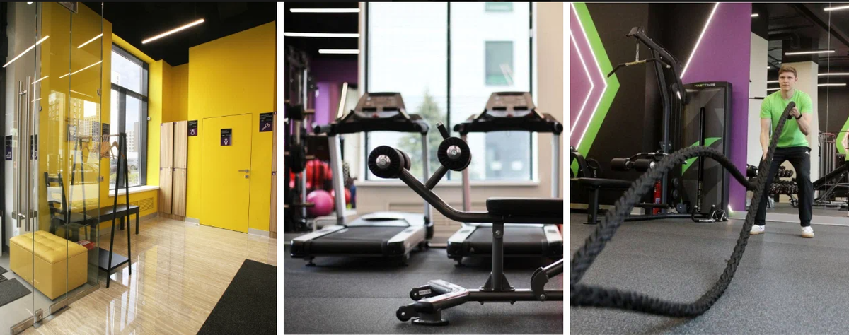 XFIT Point «Бунинские луга»: холл и общее пространство, кардиозона с панорамными окнами, зона функционального тренинга