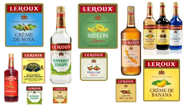 Линейка ликеров Leroux, среди которых - Перечная мята, один из ингредиентов Кузнечика