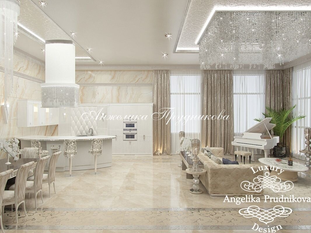 На фото: Дизайн кухни-столовой-гостиной в частном доме в КП «Чиверево»