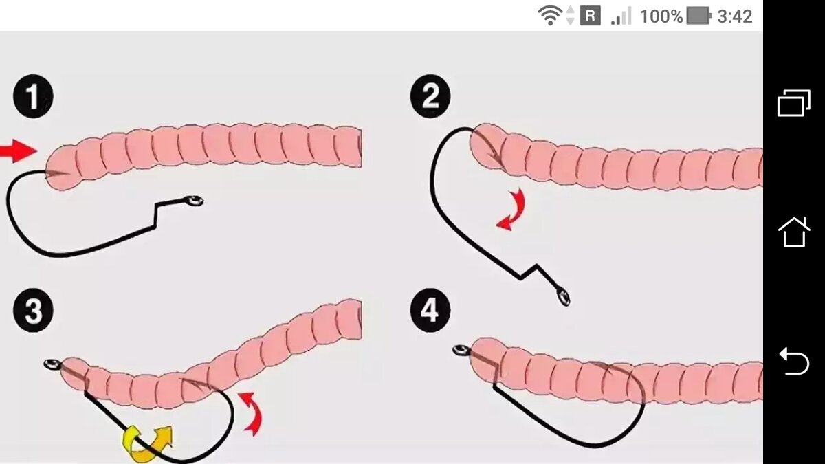 фото как просто и правильно насадить силикон на офсетный крючок: земляной червь