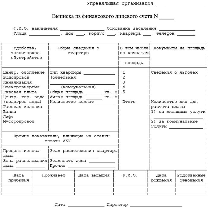 Выписка из лицевого счета образец квартиры