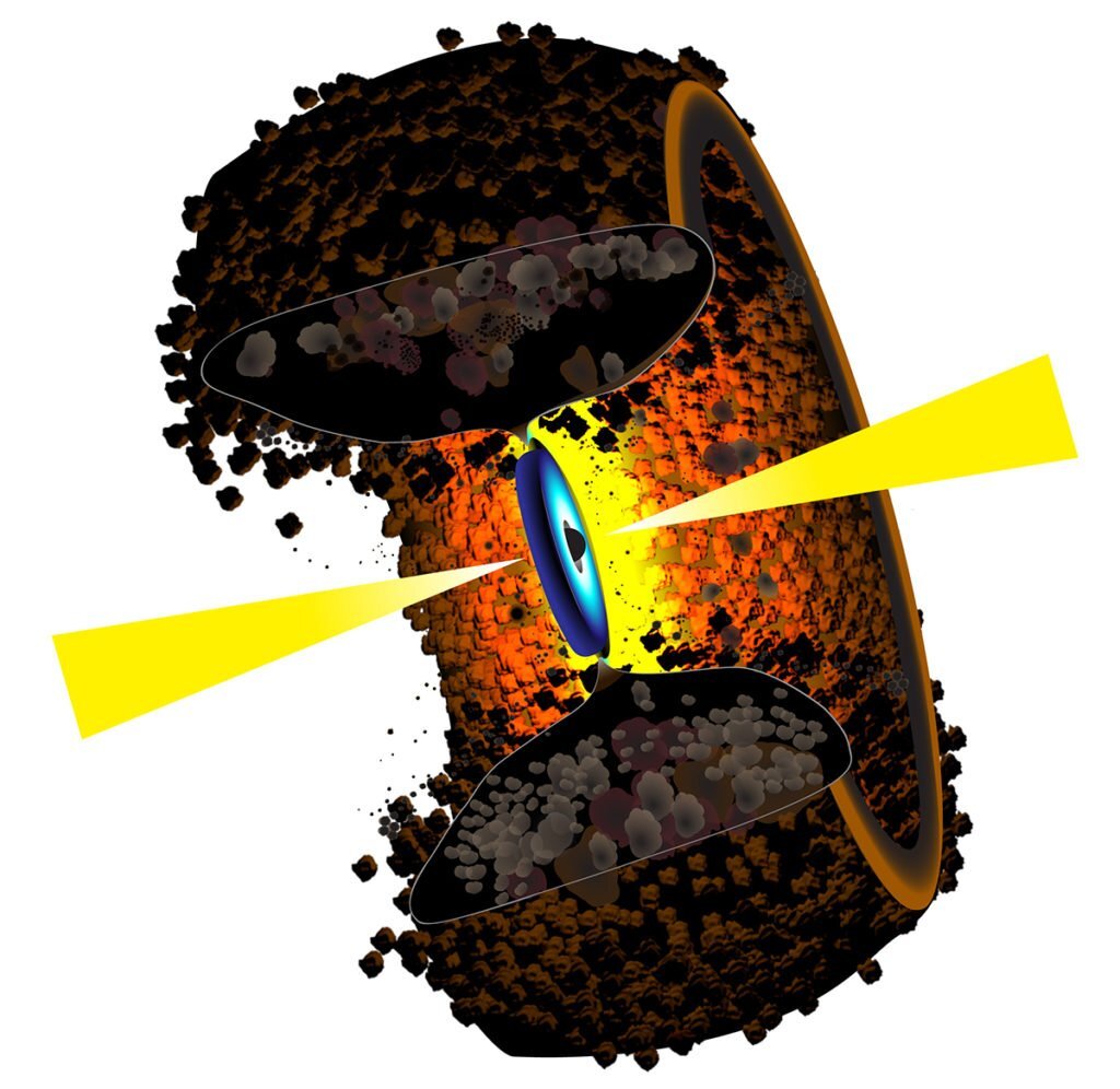 На снимке: Художественное видение пылевого тора, окружающего сверхмассивную черную дыру, диск материи, вращающийся вокруг черной дыры, и потоки вещества, выбрасываемые диском в центре галактики. Источник: Билл Сэкстон, NRAO / AUI / NSF 
