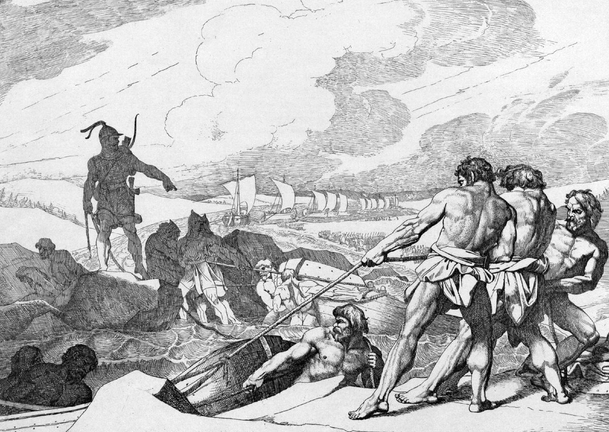 На гравюре Ф. Бруни воины Олега вытаскивают ладьи  на каменистый берег. Никаких колёс пока не  видно – только канаты и собственные мускулы.
