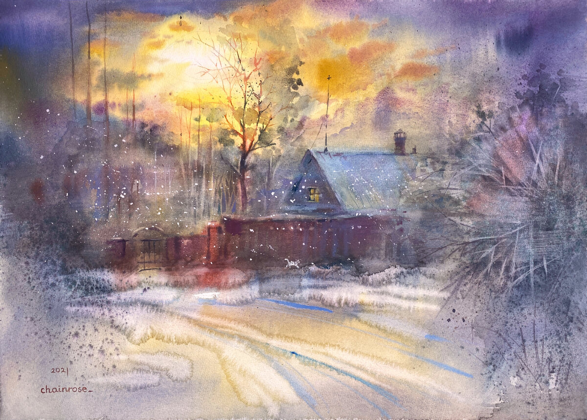 54х38,5 см. "Зимний вечер". Акварель Kissho.