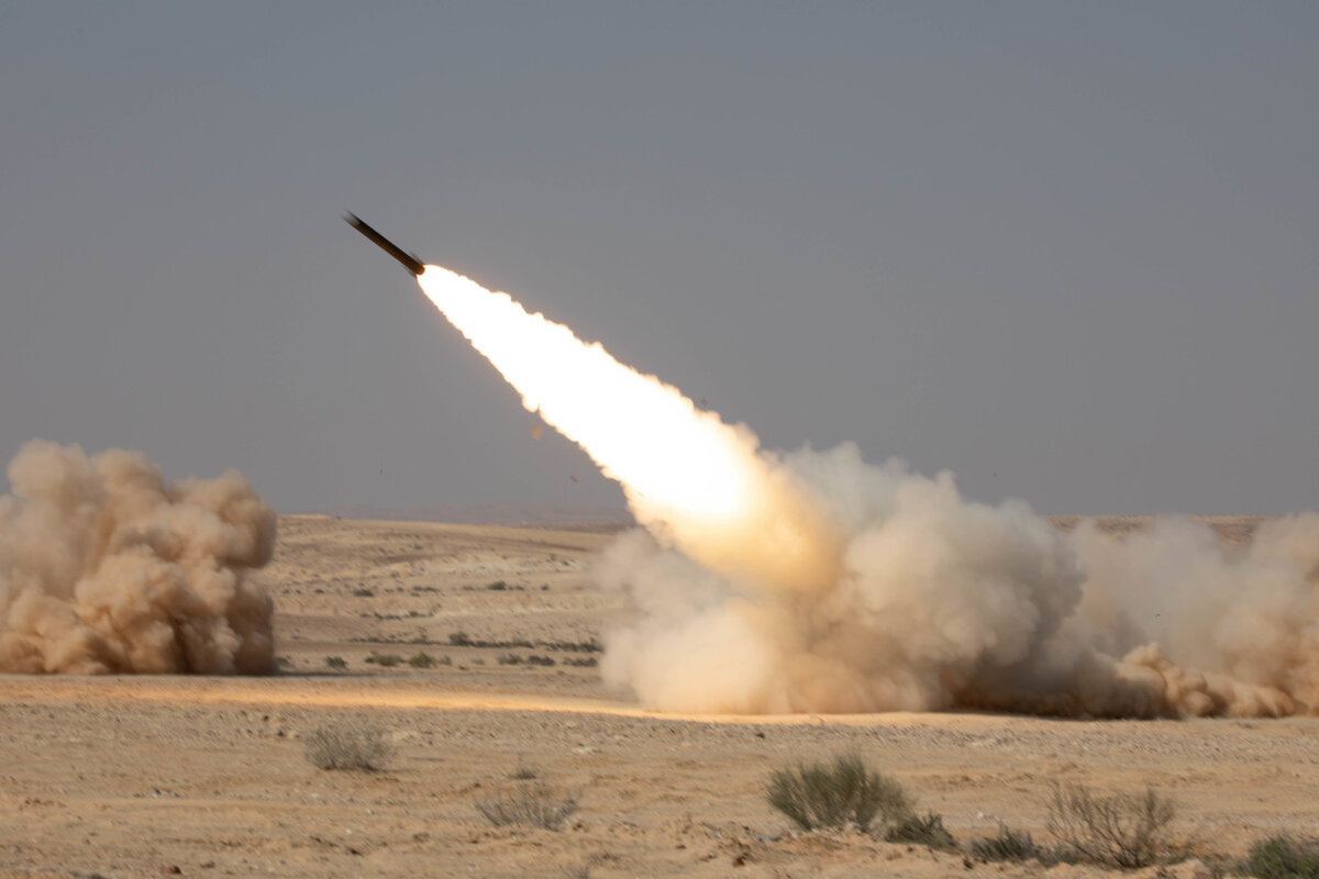    January 24, 2023 - Israel - A rocket is fired from a High Mobility Rocket Artillery System of the 2nd Battalion, 130th Field Artillery Regiment, Task Force Spartan, during exercise Juniper Oak 2023. The exercise is a large-scale bilateral multi-domain military exercise aimed at enhancing interoperability between U.S. and Israeli armed forces contributing to integrated regional security (Credit Image: Global Look Press/Keystone Press Agency) editor
