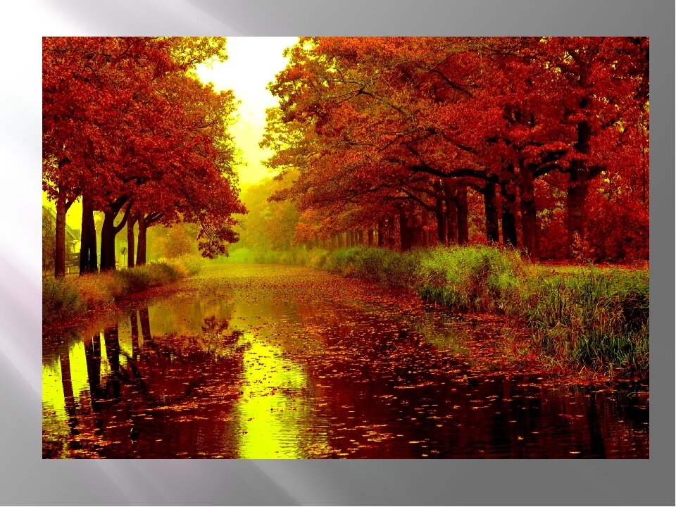 Отрывок из "Осени"   А.С. Пушкина. 
...Унылая пора! Очей очарованье!
Приятна мне твоя прощальная краса —
Люблю я пышное природы увяданье,
В багрец и в золото одетые леса,
В их сенях ветра шум и свежее дыханье,
И мглой волнистою покрыты небеса,
И редкий солнца луч, и первые морозы,
И отдаленные седой зимы угрозы....