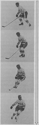 Основным приемом торможения в современном хоккее является торможение с поворотом на 90° на двух ногах или на одной ноге. Торможение на двух ногах следует выполнять из положения скольжения на параллельных коньках.

Начинают поворот движением головы, плеч, туловища, а затем резко поворачивают оба конька на 90° в положение, перпендикулярное направлению движения, при этом туловище отклоняется в сторону, противоположную движению, а ноги сгибаются в коленных и голеностопных суставах. Отклонение туловища и перенос ОЦМ в сторону, противоположную движению, увеличивают давление лезвий коньков на лед и, следовательно, скорость выполнения торможения за счет сокращения тормозного пути. Амортизационное сгибание ног в коленном и голеностопном суставах способствует гашению скорости поступательного движения.
Техника выполнения торможения с поворотом на одной ноге подобна торможению на двух ногах. Отличие лишь в том, что поворот на 90° и торможение осуществляются на внутреннем ребре лезвия конька передней ноги (относительно направления движения хоккеиста до выполнения поворота). Эффективность торможения и быстроты перехода на последующий маневр в этих видах примерно одинакова. Однако торможение одной ногой требует более основательной подготовки мышц и связок суставов ног, так как вся нагрузка, связанная с силой инерции поступательного движения вперед, приходится на одну ногу.
Торможение «плугом» и «полуплугом» используется в современном хоккее очень редко и преимущественно вратарями и начинающими хоккеистами. Для выполнения торможения «плугом» носки коньков поворачиваются внутрь, колени сводятся вместе, ОЦМ смещается несколько назад за счет уменьшения угла в тазобедренном суставе. Торможение осуществляется внутренними ребрами лезвий коньков. При торможении «полуплугом» поворачивается носком вовнутрь и тормозит внутренним ребром лезвия конька одна нога.
Прыжки. Как вид передвижения на коньках прыжки используются для преодоления препятствий в виде клюшки, и других предметов лежащего игрока. Прыжки выполняются одной или двумя ногами вперед или в сторону.
Прыжок вперед толчком одной ноги выполняется из исходного положения: ноги согнуты, туловище несколько наклонено вперед. ОЦМ тела переносится на толчковую ногу, стопа которой разворачивается наружу, и внутренним ребром лезвия конька производится отталкивание. Одновременно маховым движением вперед — вверх выносится другая нога. При опускании на лед после фазы полета ноги сгибаются в коленном и голеностопном суставах, выполняя уступающее движение, туловище при этом несколько наклонено вперед.
Прыжок вперед толчком двумя ногами производится из такого же исходного положения, только ОЦМ тела распределяется на две ноги. Толчковое движение осуществляется одновременно двумя ногами за счет резкого разгибания туловища и ног сначала в тазобедренном и коленном суставах, а в заключительной фазе отталкивания — в голеностопном суставе. При приземлении производится уступающее движение, сгибая ноги в коленном и голеностопном суставах.
При прыжке в сторону (вправо) толчком одной или двумя ногами туловище отклоняется влево, ОЦМ переносится на согнутую левую ногу, отталкивание производится внутренним ребром лезвия конька левой ноги за счет резкого разгибания в тазобедренном коленном и голеностопном суставах. При приземлении выполняется уступающее движение за счет сгибания сначала правой и затем левой ноги.