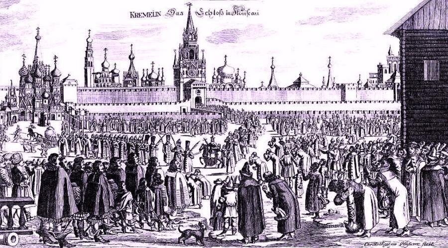 Празднование Вербного воскресения на Красной площади. Гравюра из книги А. Олеария «Описание путешествия в Московию…». Середина 1630-х — первая половина 1640-х гг.