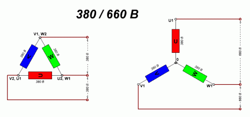 Двигатель на 380/660 В. Напряжения питания при включении по схемам “Звезда” и “Треугольник” 