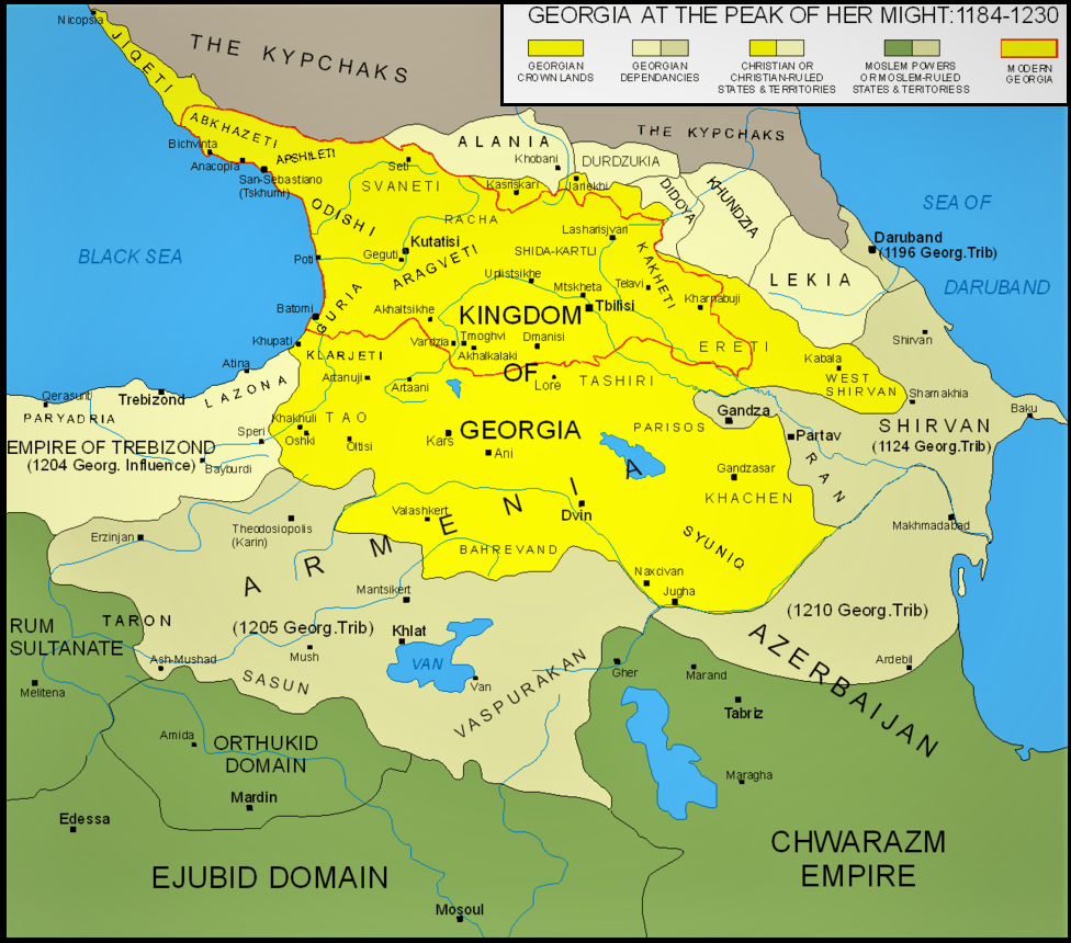 карта Грузии в период правления царицы Тамары 1184-1213 гг, вошедший в историю как Золотой Век (изображение взято из открытых источников)