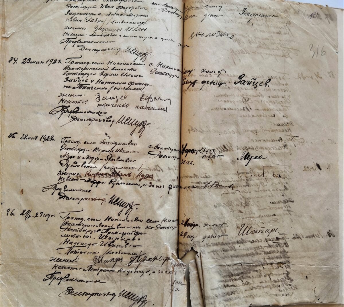 Фамилии Задошенко, Зайцев, Муха,Шапарь село Николаевка Екатеринославская губерния 1923 год  Скопировано с сайта: https://yulianovozhilova.ru/familiya