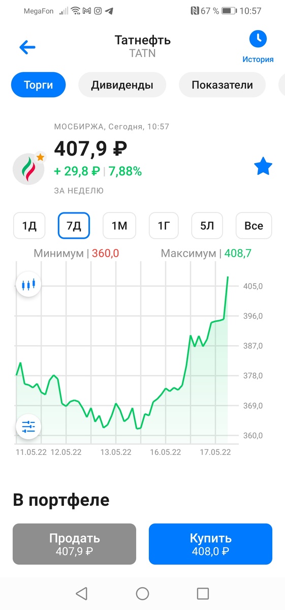 Татнефть тоже пошел в гору, входит в топ 10 акции в России. Один из лидеров, в топе держится долгое время уже, остальные могут входить в топ и уходить из топа, но Татнефть держится долго, хотя тоже акции падали как и все остальные. Теперь тихонько тоже полезет вверх. 