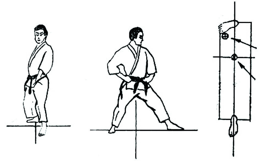 Иллюстрация устойчивой стойки.  Проекция центра тяжести бойца располагается неподалеку от центра площади опоры его тела.