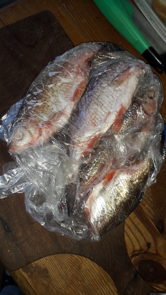 Достаём замороженную плотву с холодильника