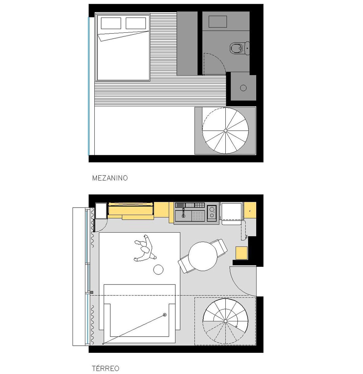 Квартира общей площадью 36 кв. м: практически квадратный в плане дуплекс, классическое поэтажное деление (внизу кухня-гостиная, наверху — приватная часть, состоящая из спальни и санузла). 