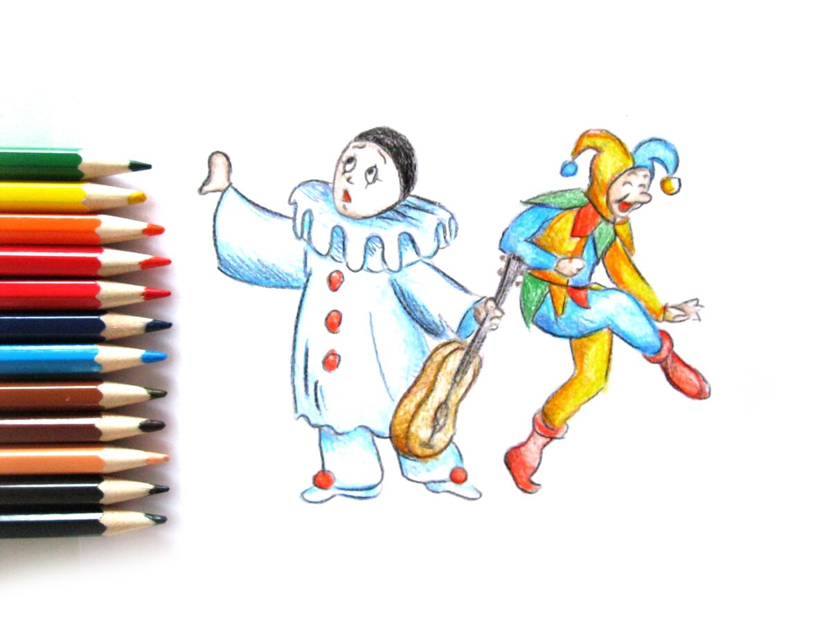 Поэтапный рисунок Пьеро и Арлекино карандашами