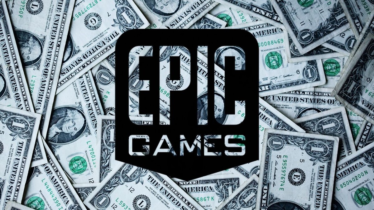 Логотип Epic Games на фоне долларов