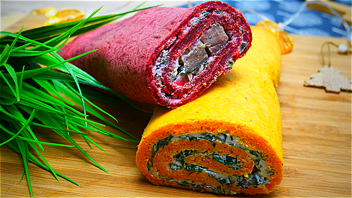 Селедка под морковкой. Разноцветный рулет. Разноцветные закусочные рулеты. Рулет из свеклы. Разноцветные рулеты на праздничный стол.