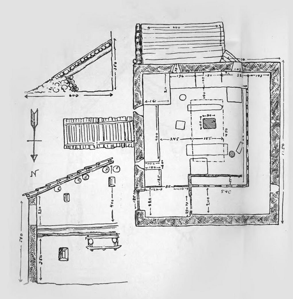 На плане сванского дома в левой стене снизу вход в маленькую прихожую. На рисунке вверх от неё дверь в большое помещение дома. Через дверь вправо от прихожей животных загоняют в стойло-шкаф (гвал). Сначала проходят животные средних размеров, они располагаются вдоль правой стены дома. Перед каждым животным (на рисунке видны) окошки, их 10. Каждое животное высовывается через свое окошко, чтобы дотянуться до яслей. Затем в шкаф-гвал вводят животных покрупнее. Они располагаются вдоль нижней стены (на плане). Видно, что оконца перед ними больше, чем оконца у средних животных. Перед ними массивные ясли. При рождении ребенка они могут служить для того чтобы в них можно было бы перепеленать младенца. На плане дома, в верхней стене видно довольно большое отверстие, через которое из стойла-шкафа навоз выбрасывается на нисходящий склон, как удобрение для полей. Читайте ниже текст, многое из него найдете на рисунке. Рисунок из книги В.В. Бардавелидзе «Древнейшие религиозные верования и обрядовое графическое искусство грузинских племен» таблица 28. https://vk.com/wall-41914098_30360